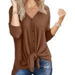 Women's Waffle Knit Tunic Blouse Tie Knot Henley Top Loose Fitting Shirt SM Brown Photo 0