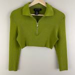 Cable and Gauge Y2K 90’s Vibes Green Ribbed Rhinestone Half Zip Cropped Sweater Photo 0