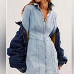 Free People  Thea Blue Denim Long Bell Sleeve Mini Dress Size Small Photo 1
