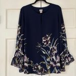Chico's  Size 2 Navy Blue Floral Blouse Ruffle Statement Bell Sleeves Chico Large Photo 2