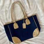 Neiman Marcus Vintage Denim & Navy Gold Canvas Tote Bag Photo 2