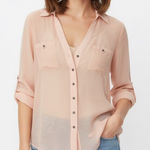 2b Bebe Sheer Peach Button Down Shirt Roll Tab Sleeves Pockets Size S Pink Photo 0