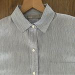 Vince  Linen Blend Split Back Boxy Pinstripe Button Down Shirt Blue and White M Photo 2