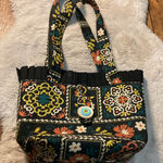 Black Shoulder Ruffle Top Button‎ Closure Printed Tote Purse Photo 0