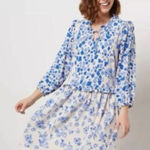 Tolani Collection Mae Geo Blue White Floral Knee Length Dress Size Large, NWT Photo 0