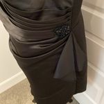 JJ's House J.J’s House| Black  Sheath V-Neck Knee-Length Satin Dress with crystal brooch. Photo 3