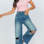 Pink Lily High Waisted Medium Wash Distressed Wide Leg Jeans Size 29 0634W Photo 0