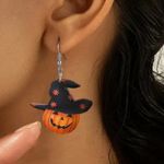 1 Pair Halloween Pumpkin Gentleman Earrings with Black Witch Hat, Acrylic Drop Photo 1
