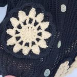 ZARA  Womens Button Front Asymmetric Crochet Knit Polo Top‎ Black Cream Large Photo 3