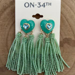 ON 34th, Emerald Green and Gold Heart Tassel Seed Bead Earrings Photo 0