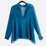 Free People  Blouse XS Georgette Sheer Pleated Bib Topaz Blue Boho Chic Trendy Photo 0