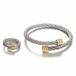 UNISEX Silver & Gold Cable Wire Bracelet + Ring Set Photo 3