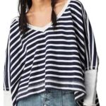 We The Free  People Main Squeeze Cropped Navy Stripped Sweatshirt - Size - Medium Photo 0