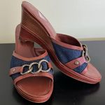 Coldwater Creek EUC  BROWN LEATHER BLUE DENIM WEDGE SLIDE SANDAL Photo 0
