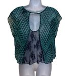 Self Esteem  EUC Green Blue Abstract Print Lace Inset Sheer Blouse Sz M Photo 1