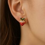 Cute Strawberry‎ Stud Earrings Small Size Enamel Red White Gold Tone Jewelry new Photo 0
