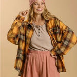 Umgee  Oversized Plaid Shacket Yellow Orange Button Down Flannel Jacket S NWT Photo 0