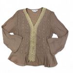 Allison Taylor Tan vintage boho style button up blouse with crochet and embroidery details Photo 1