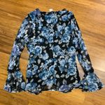 Venus  Floral Mesh‎ Top Womens Size Large Ruched Front Bell Sleeve Blouse Black Photo 3