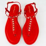Salvatore Ferragamo Tahiti Embellished Coral Leather Thong Logo Flat Sandals 7.5 Photo 1