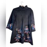 ZARA  Black Embroidered Floral Mini Dress Medium Faux Suede High Neck 3/4 Sleeves Photo 2