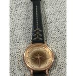 Womens Accutime Gold Tone Floral Watch Black Leather Strap Detail Photo 6