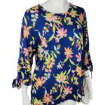 Caribbean Joe Women's Large Blue Floral Blouse 3/4 Sleeves Tie Detail NWT Cruise Photo 11