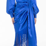 NEW Virgo’s Lounge Gabrielle Dress Navy Blue Wrap Ruffle Fringe Satin Size US 8 Photo 0