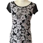 INC Illusion Mesh Overlay Floral Print Top Size S Black Short Sleeve Whimisgoth Photo 1