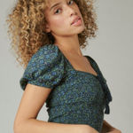 Lucky Brand Smocked Short Sleeve Square Neck Puff Sleeve Top Boho Chic Sz L NWT Photo 0