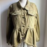 Free People  Willow Cotton Denim Jean Jacket Olive Peplum Frayed Lace-Up - Size S Photo 7