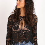 For Love & Lemons Gianna Black Floral Lace 3/4 Sleeve Cropped Top tie low cut Photo 0