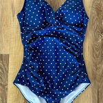 Nip Tuck Swim Women’s Cup Navy Polka Dot One Piece Swimsuit Size 6 Ruche EUC Blue Photo 0