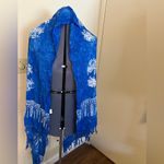 VINTAGE Blue White Fish Tropical Print Tassel Fringe Oversize Soft Scarf Wrap Photo 3