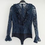 Alexis  Bodysuit Womens Small Navy Lace Ruffle Pollie Illusion Long Sleeve Top Photo 1