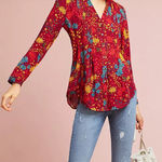 Maeve Anthropologie Printed Pintucked Blouse Red Multicolor Floral Size M Photo 0