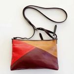 Fossil  Dawson Pebble Leather Patchwork Crossbody‎ Tan Maroon Persimmon Zip Bag Photo 3