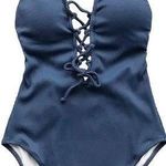 Cupshe NWT  Women's Solid Color V neck Lace Up One Piece Swimsuit Blue Size S Photo 0