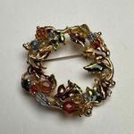 Fall / Autumn Wreath Enamel & Bead Brooch Pin Gold Tone Nice For Thanksgiving Photo 2
