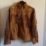 Free People  Willa Western Bomber Tan Leather Jacket with Fringe Embroidery Photo 5