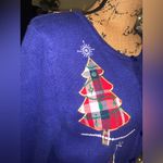 Vintage Festive Blue Knit Sweater Embroidered Sequins Plaid Trees Snowflakes XL Photo 8