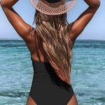 Cupshe | Black Shirring V Neck One Piece Swim Suit Adjustable Size Large NWT Photo 2