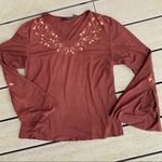 Relativity Western Top Split Long Sleeve Faux Suede Shirt Brown Womens S Embroidered V Neck Photo 4