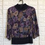 Leslie Fay Vintage  floral knit mock neck ribbed waist 3/4 sleeve‎ blouse s/m Photo 0