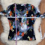 Alberto Makali Vintage Crinkle Zip Up Black & White Zebra Floral Sequin Blouse Photo 7