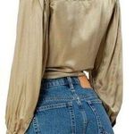 Hale Bob  Satin Button Front Top Small Silk Blend Olive Puff Sleeves Photo 1