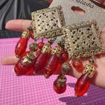 Natasha red resin long beads drops earrings gold Indian Rhombus shape hallow Photo 1