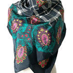 Diane Von Furstenberg  100% Silk Scarf Black Multicolor Paisley Plaid Luxury Photo 0