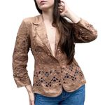 Vintage Yoana Baraschi Tan Linen Bohemian Floral lace Cut Out Blazer Jacket 10 Brown Photo 0