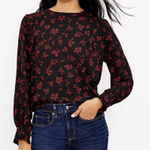 Loft  Petite Garden Ruffle Cuff Black Red Floral Long Sleeve Top Large NWOT Photo 0